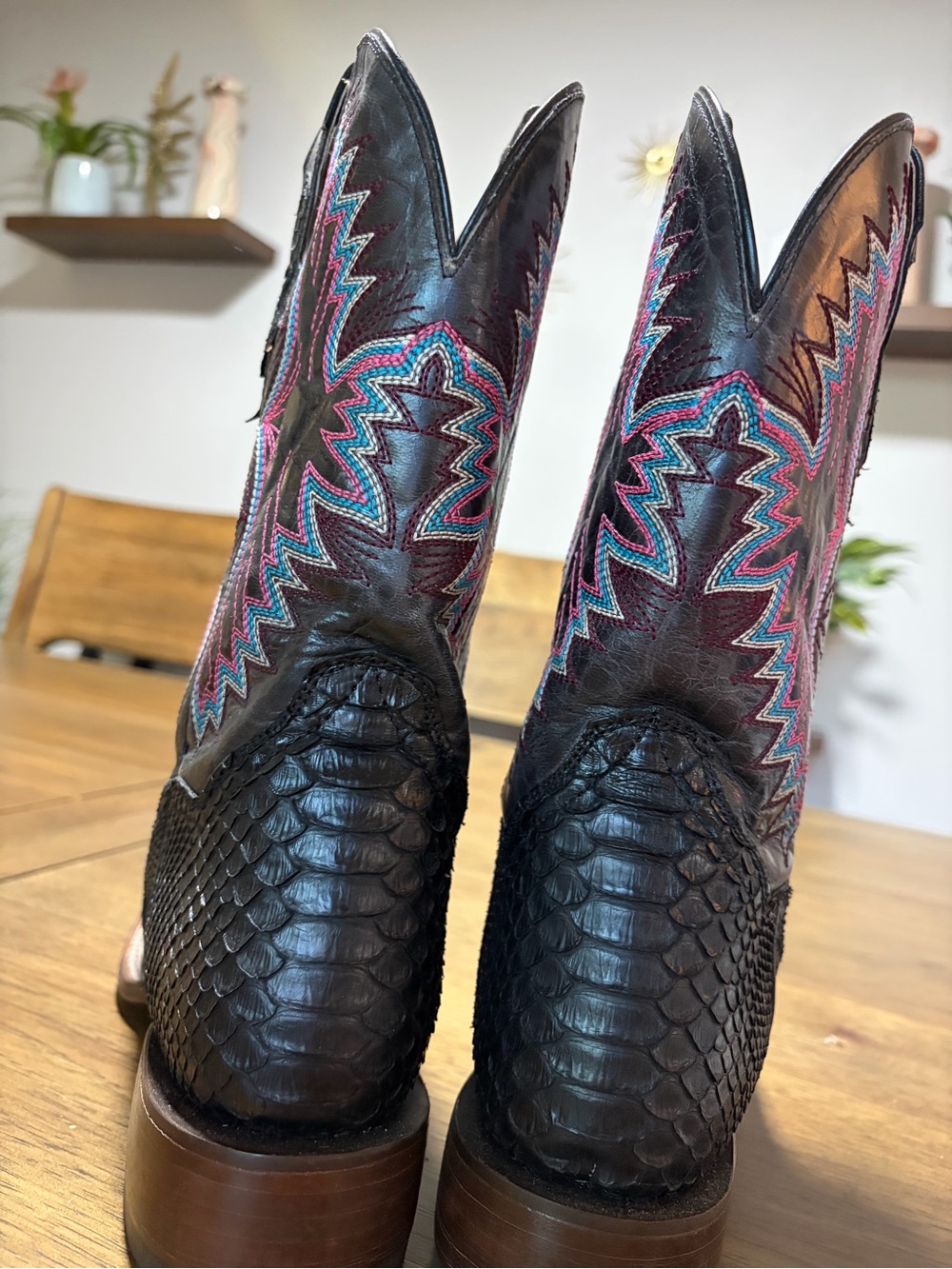 Dan Post Black Python Western Boot with Pink & Teal Stitching - Picture 6 of 16